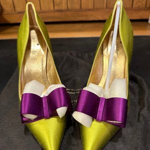 Kate Spade Satin Heels in Lime Green with Purple Bow - Size 7